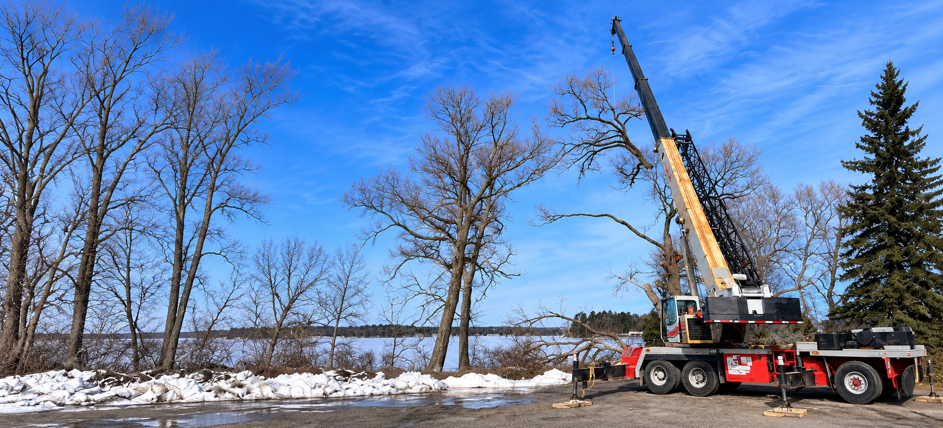 Sugar Bush crane working beside a large willow tree in winter
